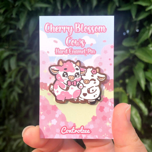 Cherry Blossom Cow Couple Enamel Pin