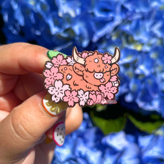 Highland Cow in Flowers Enamel Pin