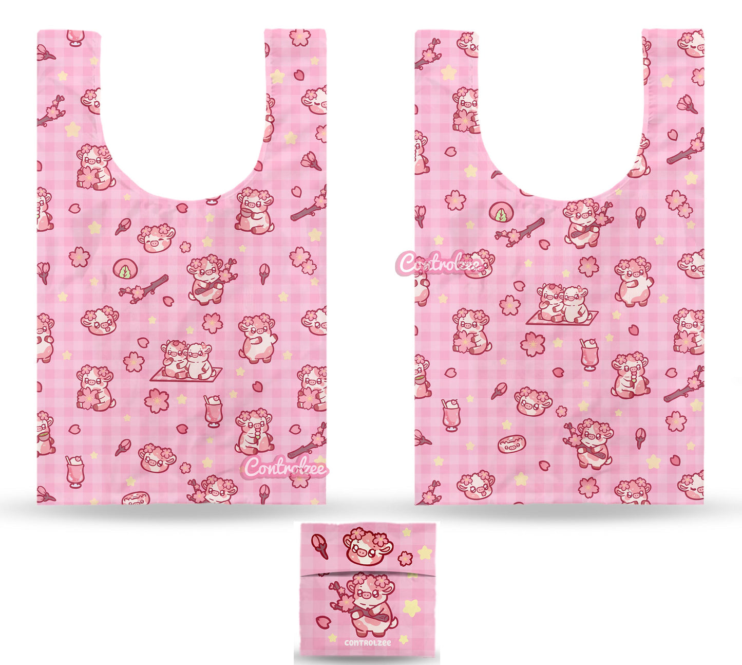 Cherry Blossom Cows Reusable Shopping Bag