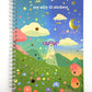 Notebook with a colorful illustration of a UFO over a landscape with flowers and stars on the cover.